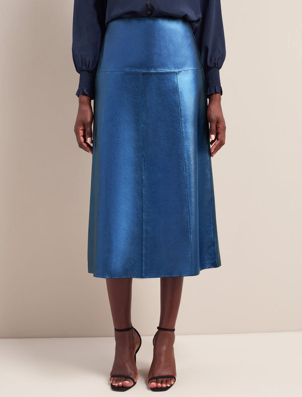 Tiana Leather Midi Skirt - Metallic Blue