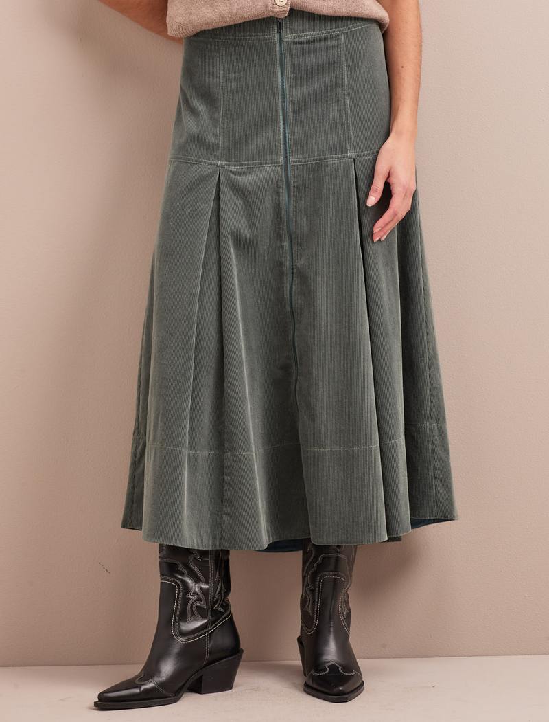 Amber A Line Corduroy Skirt - Sage Green