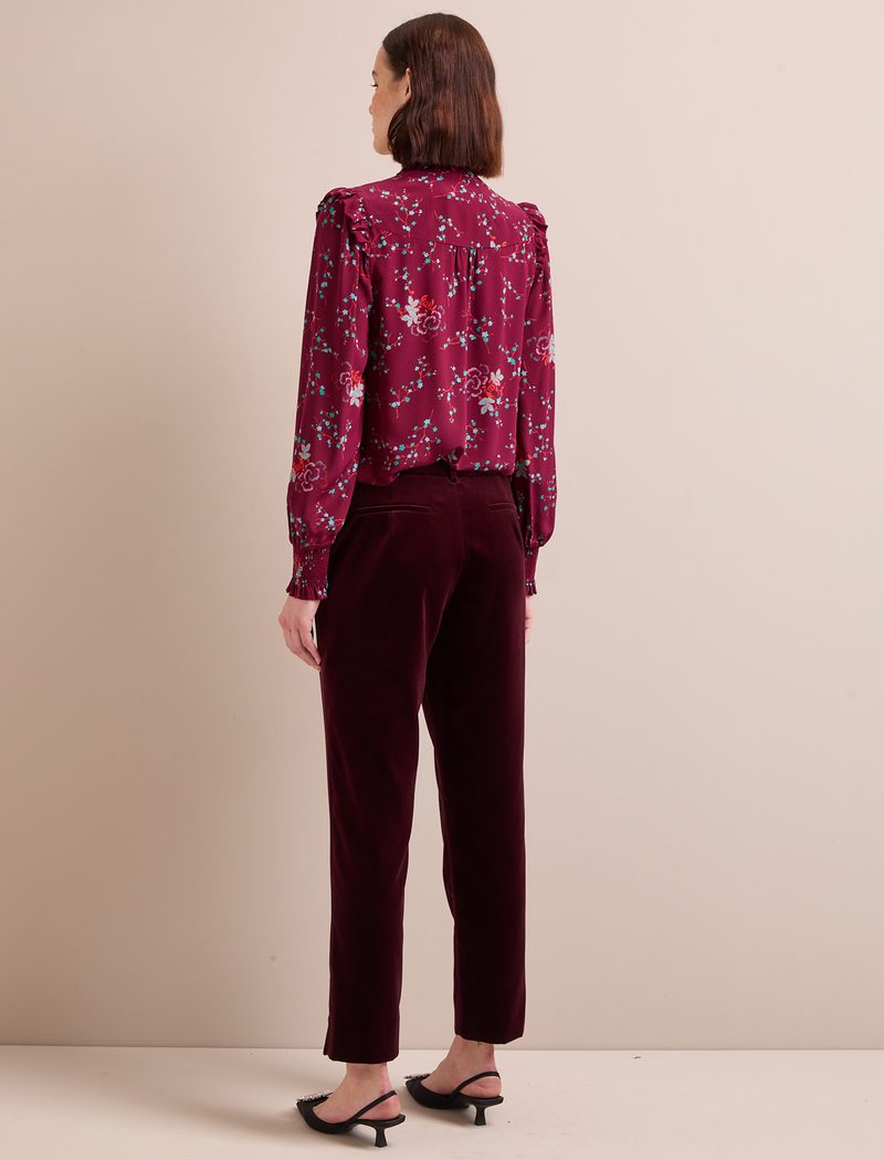 Stella Silk Shirt - Burgundy Lotus Print