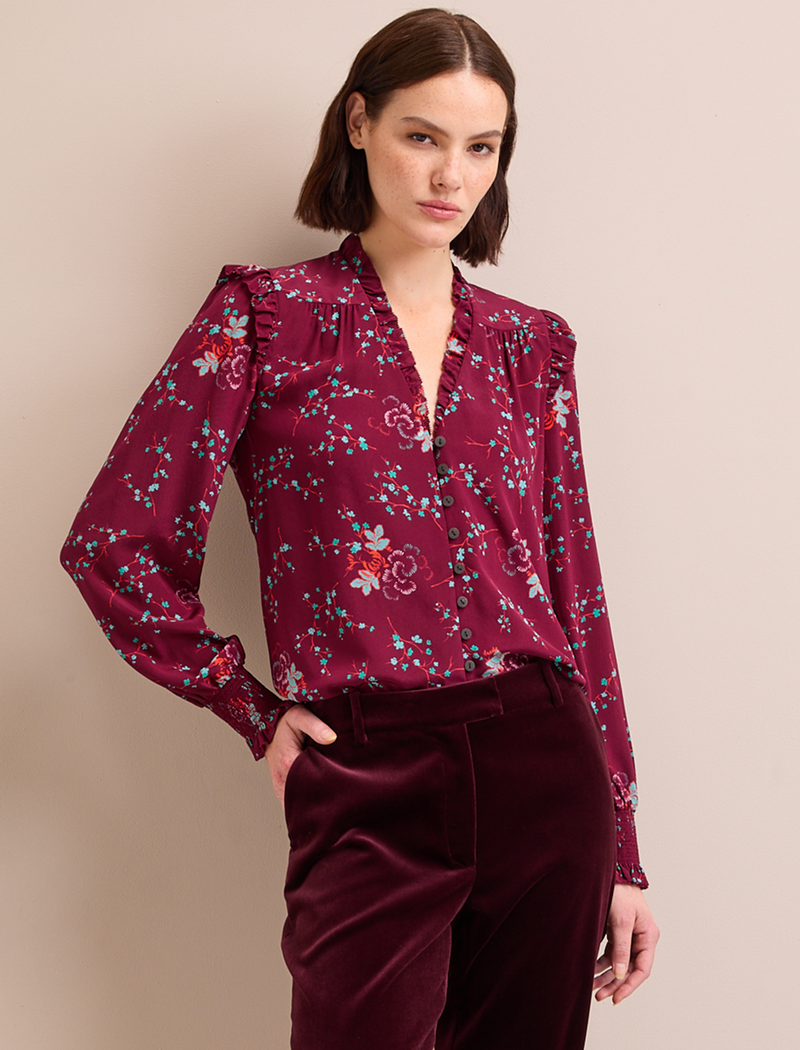 Stella Silk Shirt - Burgundy Lotus Print