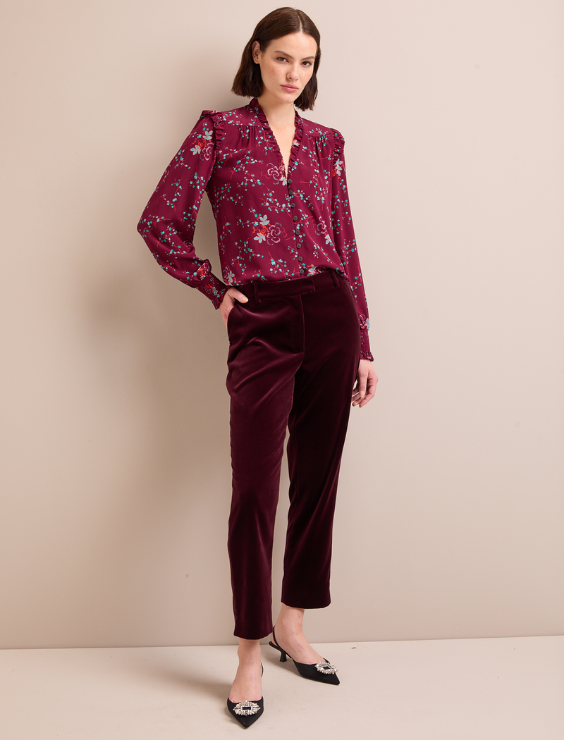 Stella Silk Shirt - Burgundy Lotus Print