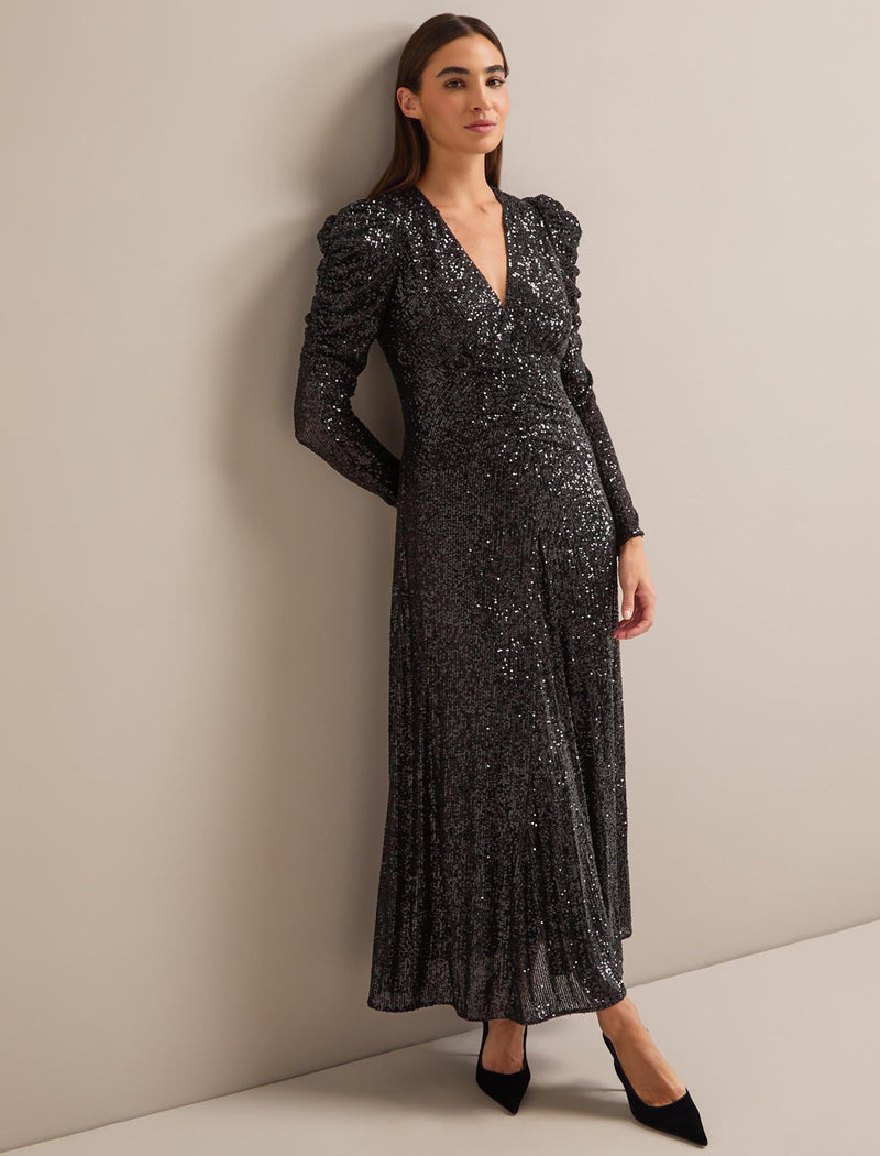 Ophelia Bias Cut Sequin Maxi Dress - Black