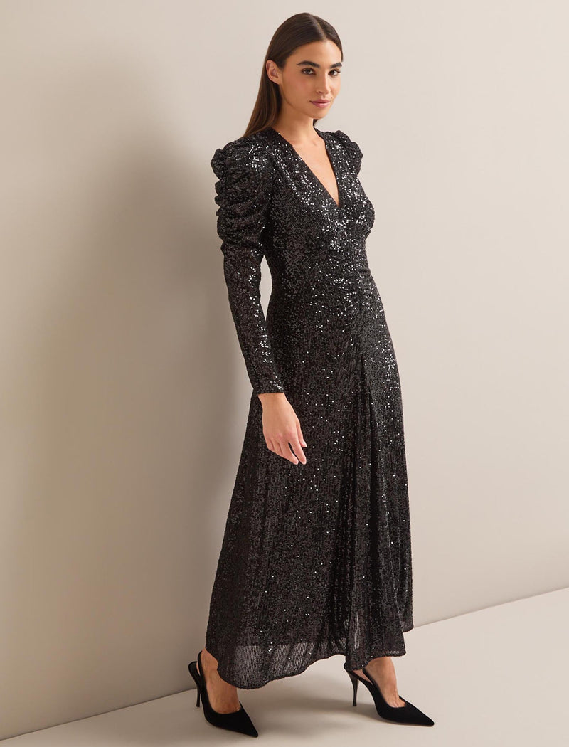 Ophelia Bias Cut Sequin Maxi Dress - Black