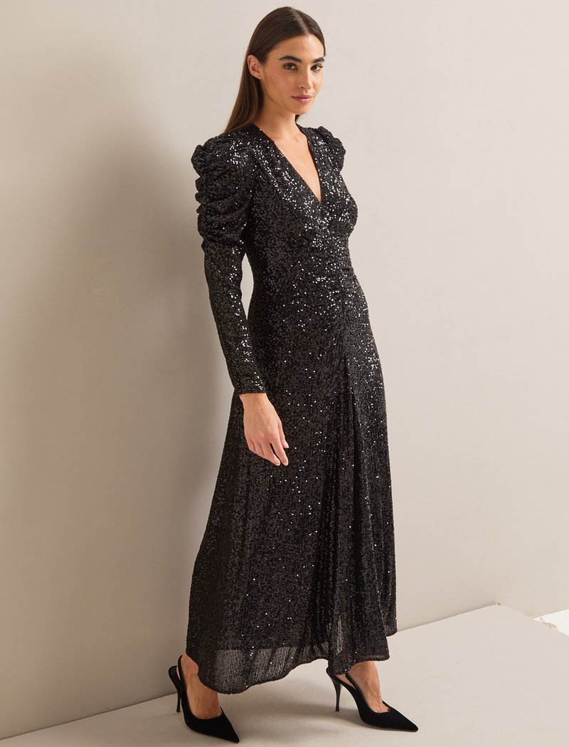 Ophelia Bias Cut Sequin Maxi Dress - Black