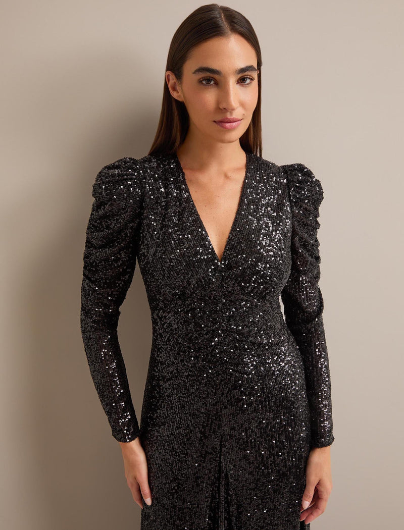 Ophelia Bias Cut Sequin Maxi Dress - Black