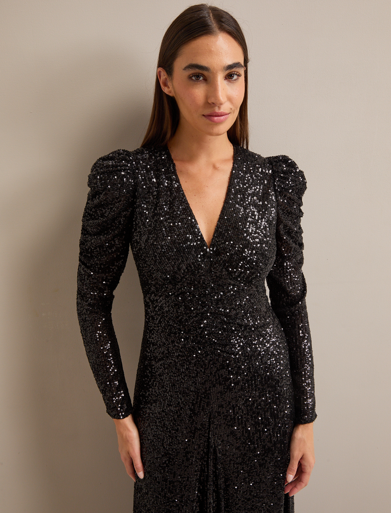 Ophelia Bias Cut Sequin Maxi Dress - Black