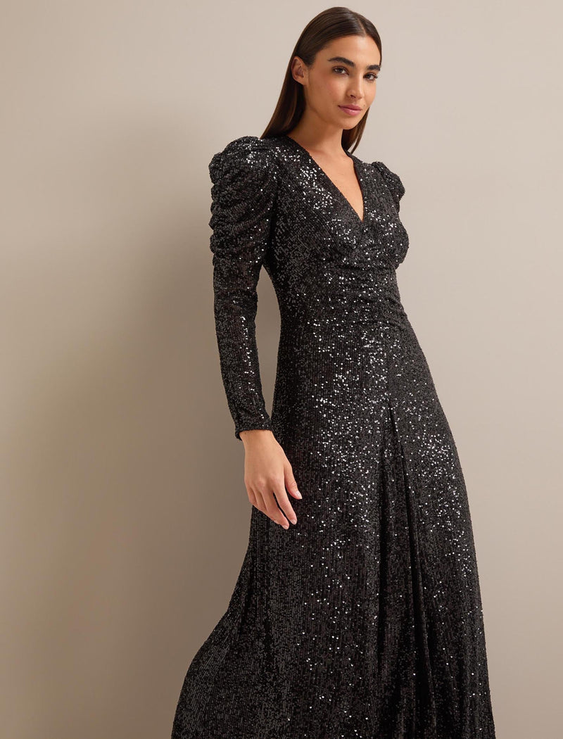 Ophelia Bias Cut Sequin Maxi Dress - Black
