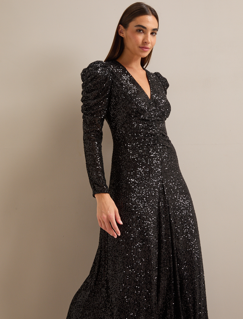 Ophelia Bias Cut Sequin Maxi Dress - Black