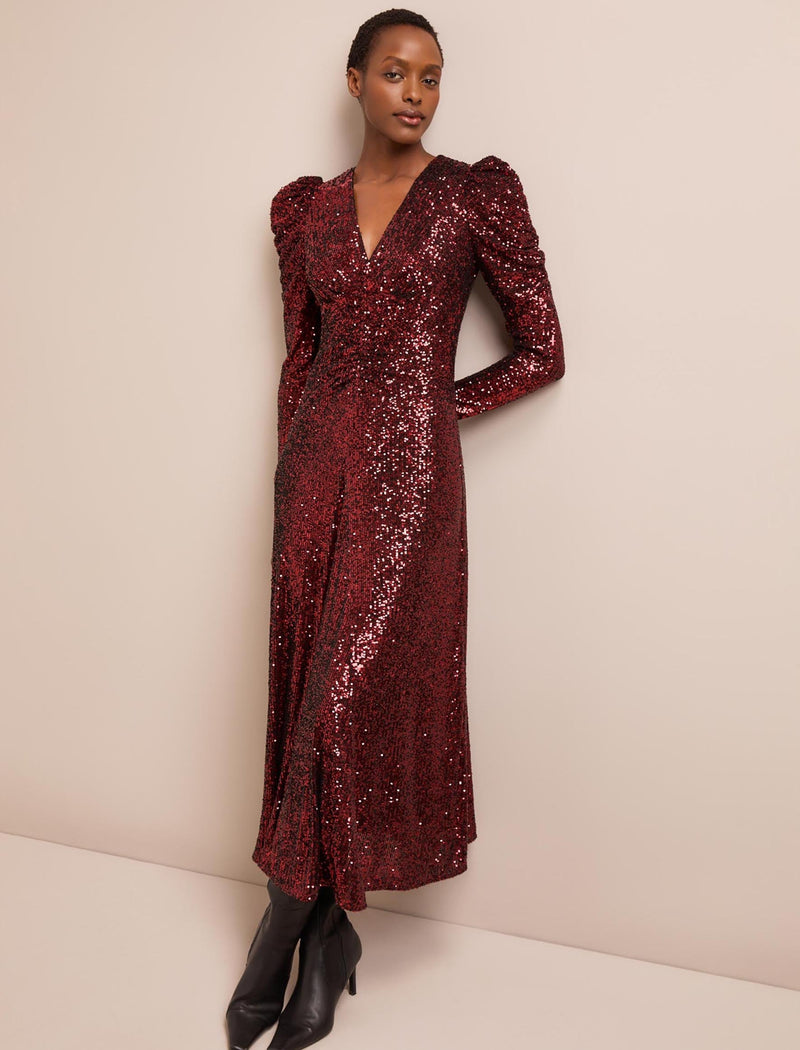 Ophelia Bias Cut Sequin Maxi Dress - Burgundy