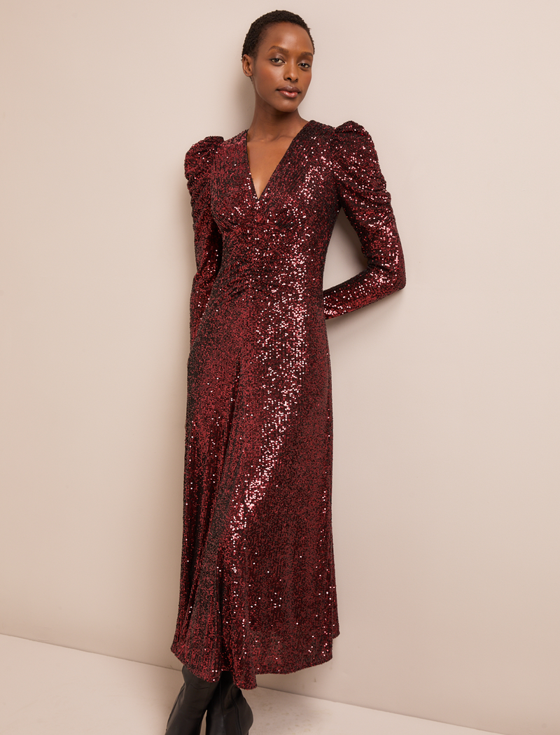 Ophelia Bias Cut Sequin Maxi Dress - Burgundy