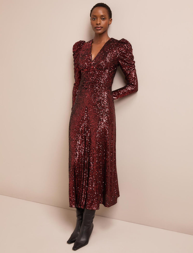 Ophelia Bias Cut Sequin Maxi Dress - Burgundy