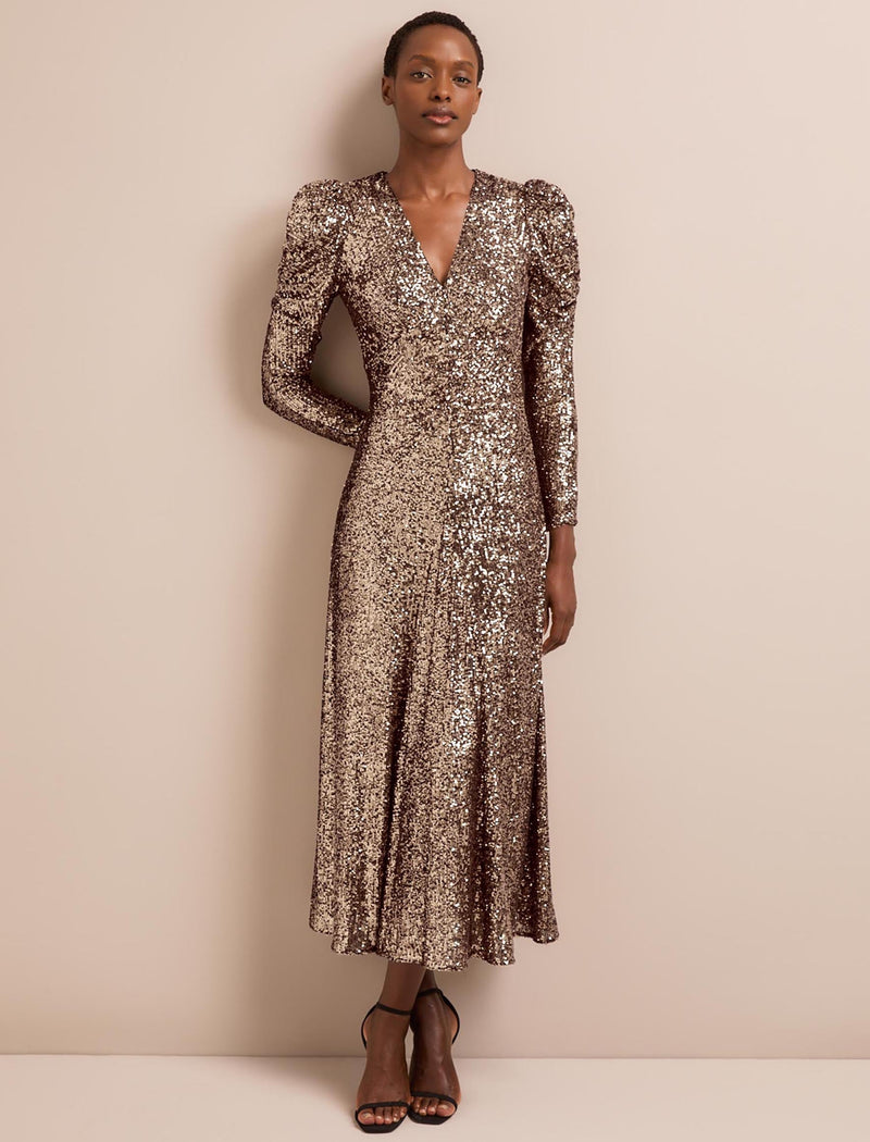 Ophelia Bias Cut Sequin Maxi Dress - Gold