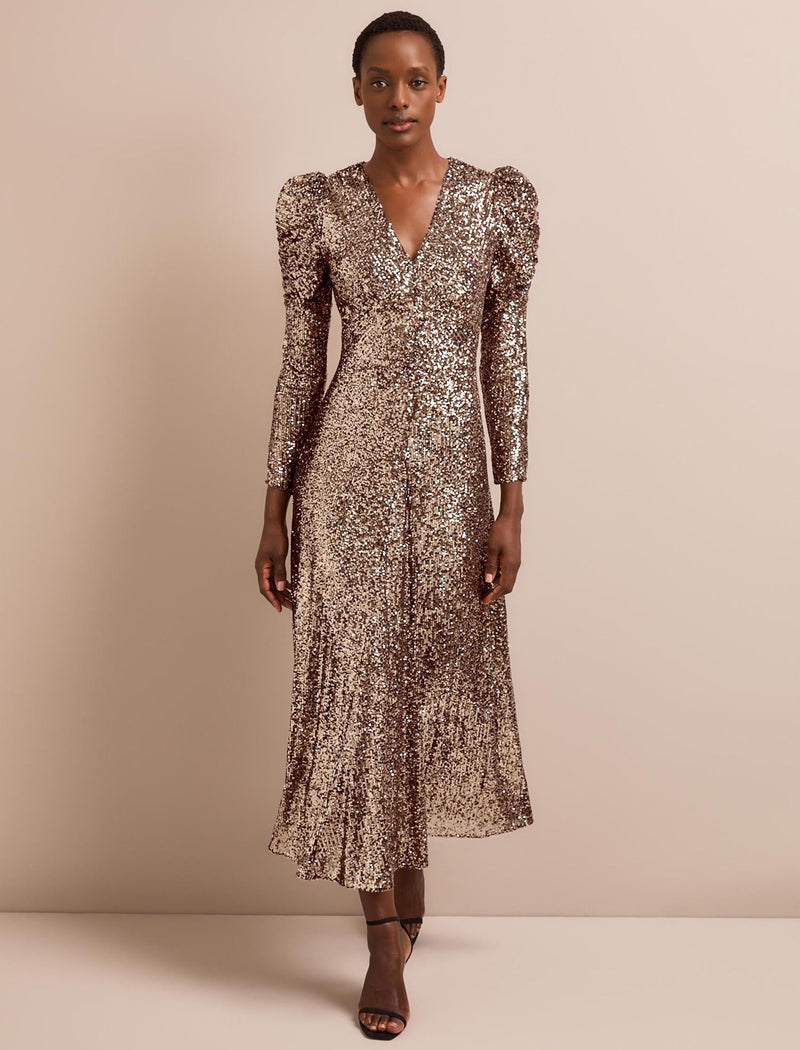Ophelia Bias Cut Sequin Maxi Dress - Gold