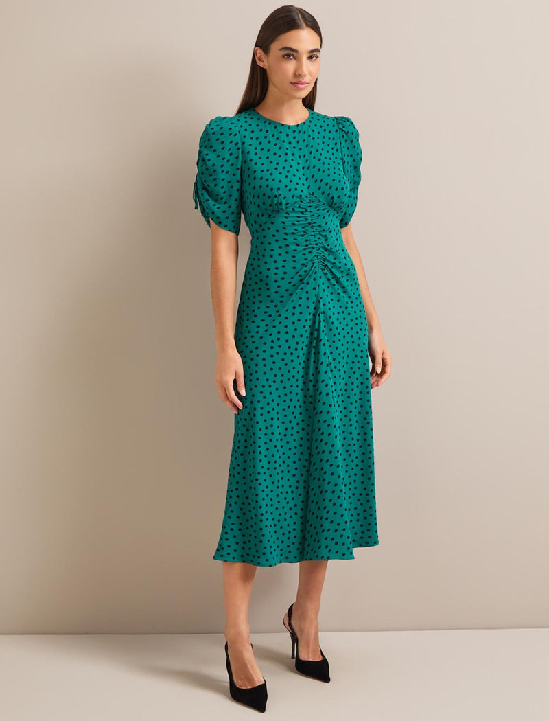 Lucia Bias Cut Midi Dress - Green Black Polka Dot Print