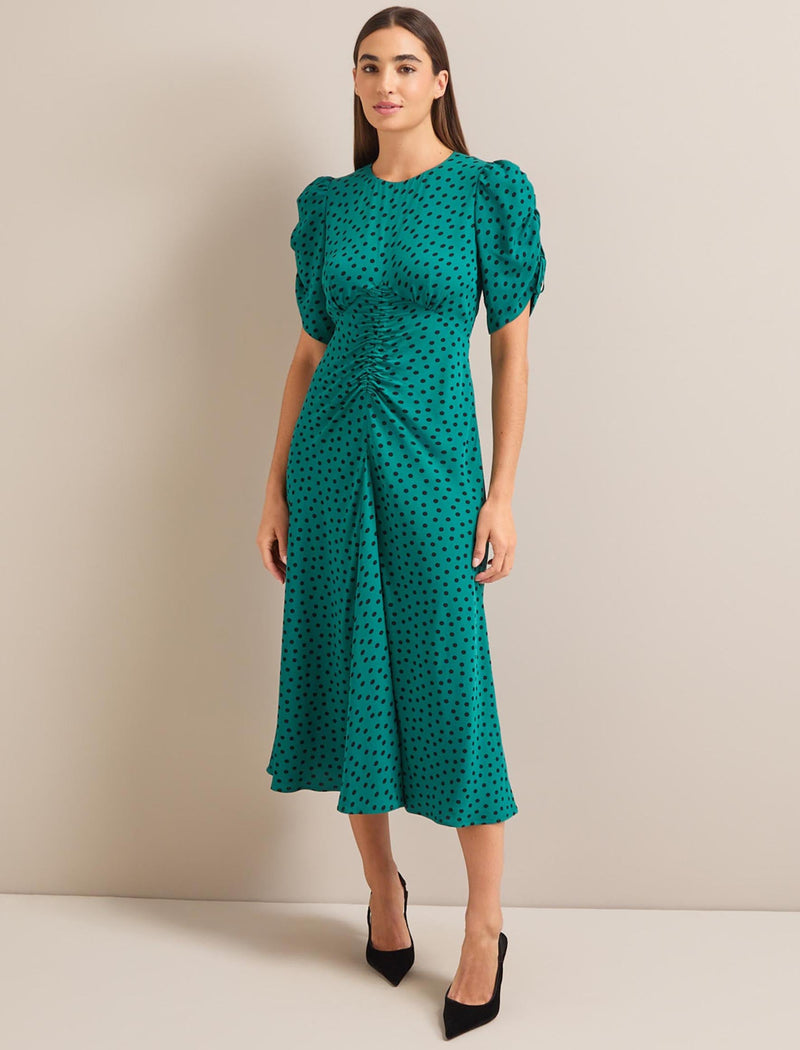 Lucia Bias Cut Midi Dress - Green Black Polka Dot Print