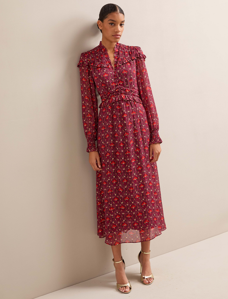 Arabella Fil Coupé Maxi Dress - Rust Burgundy Carnation Print