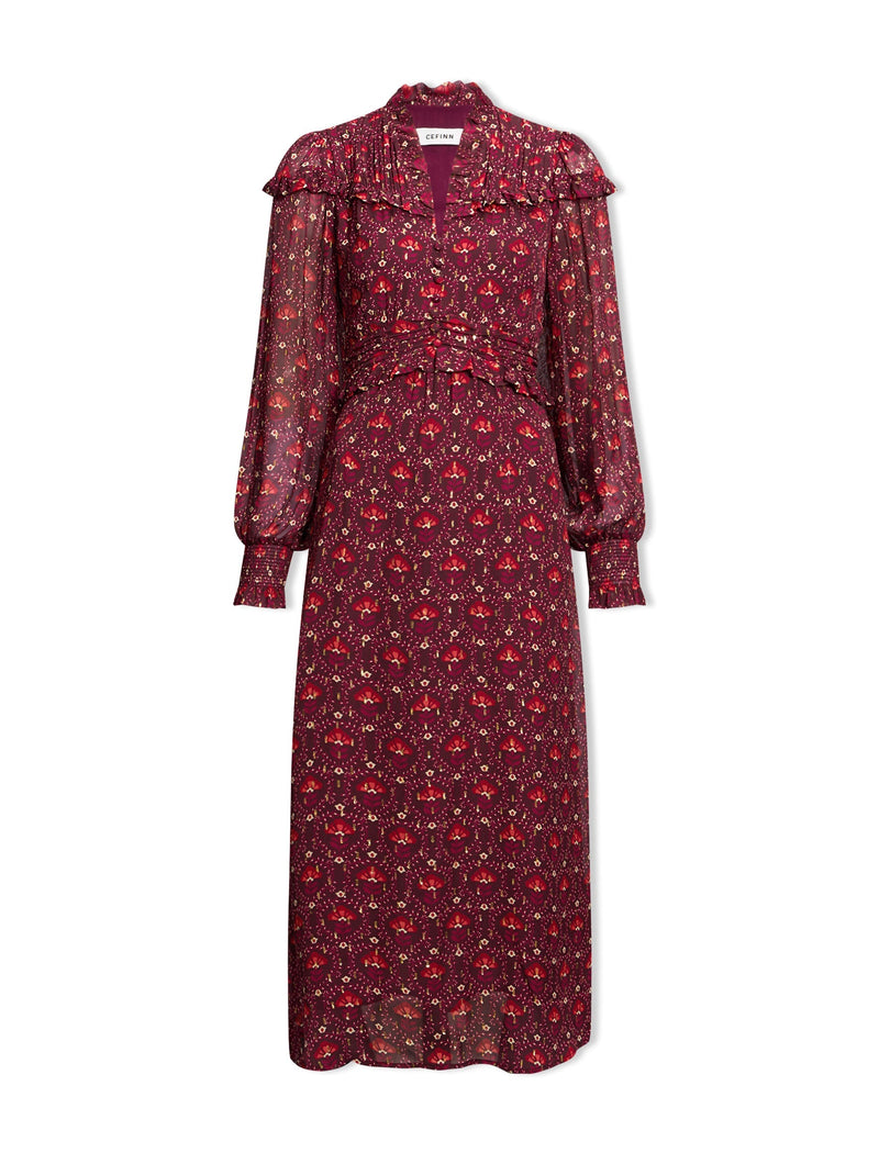 Arabella Fil Coupé Maxi Dress - Rust Burgundy Carnation Print