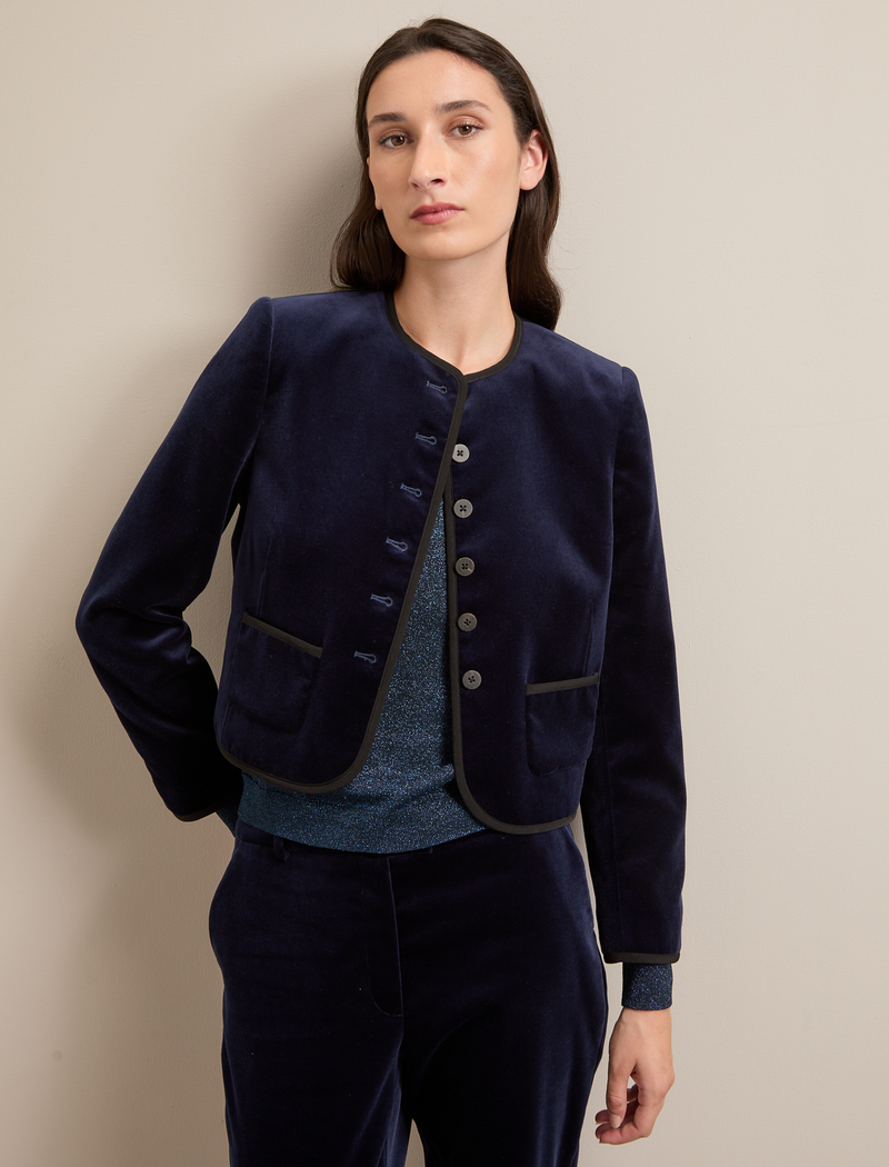 Juno Cropped Velvet Jacket - Navy