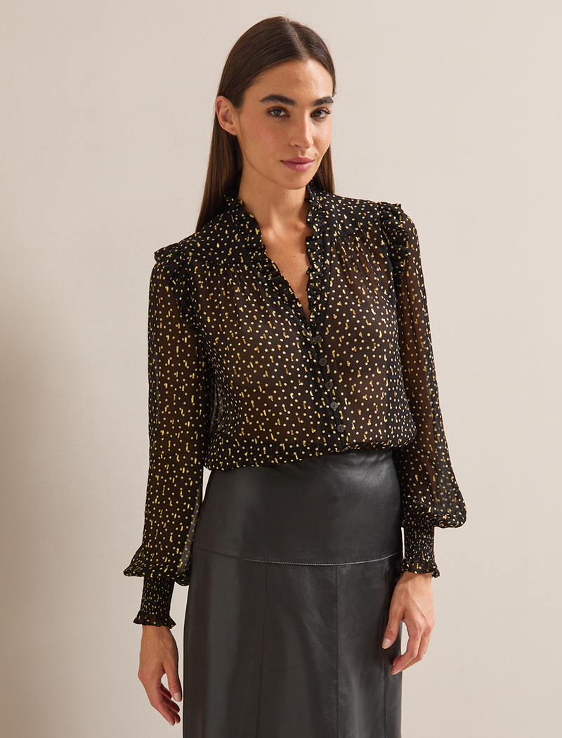 Stella Fil Coupé Blouse - Black Cream Polka Dot Print