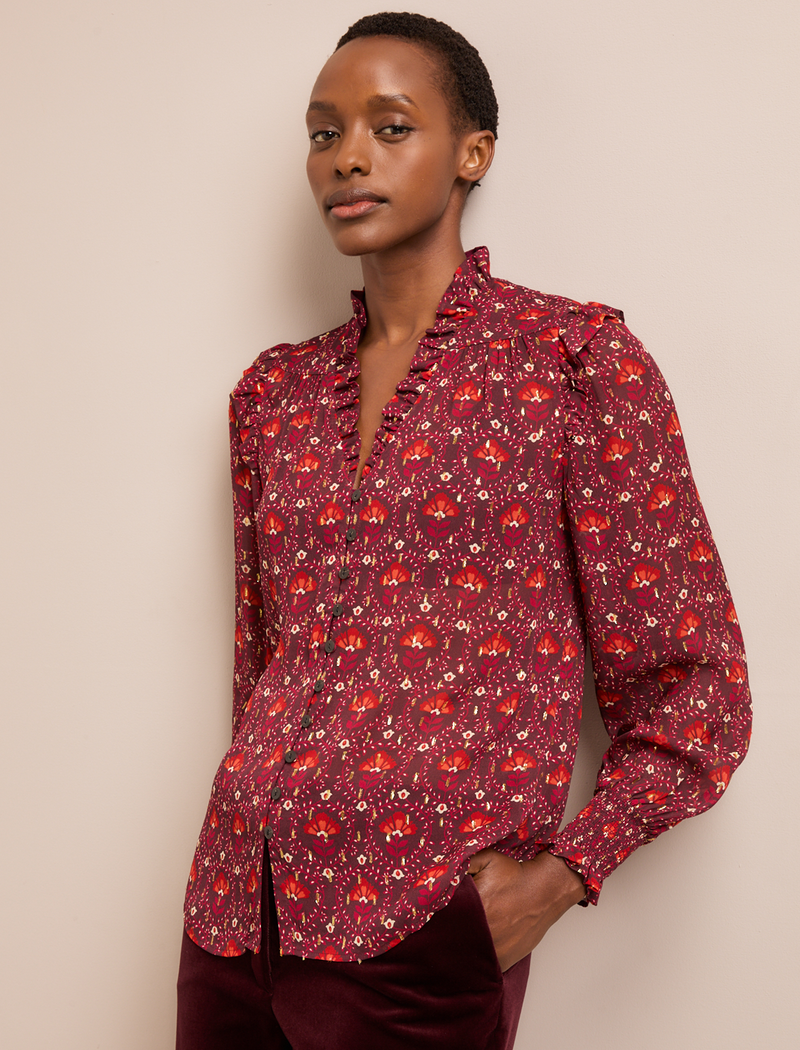Stella Fil Coupé Blouse - Rust Burgundy Carnation Print