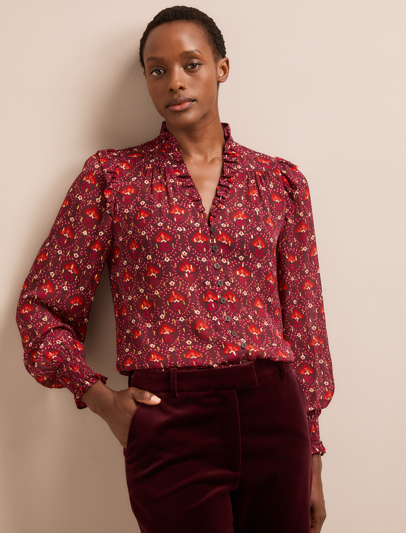 Stella Fil Coupé Blouse - Rust Burgundy Carnation Print
