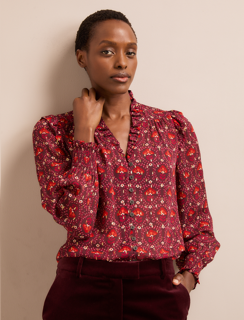 Stella Fil Coupé Blouse - Rust Burgundy Carnation Print