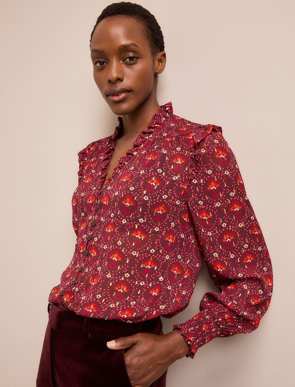 Stella Fil Coupé Blouse - Rust Burgundy Carnation Print