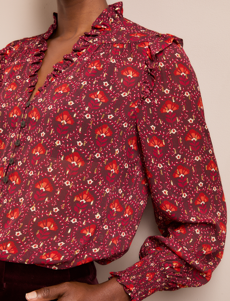 Stella Fil Coupé Blouse - Rust Burgundy Carnation Print