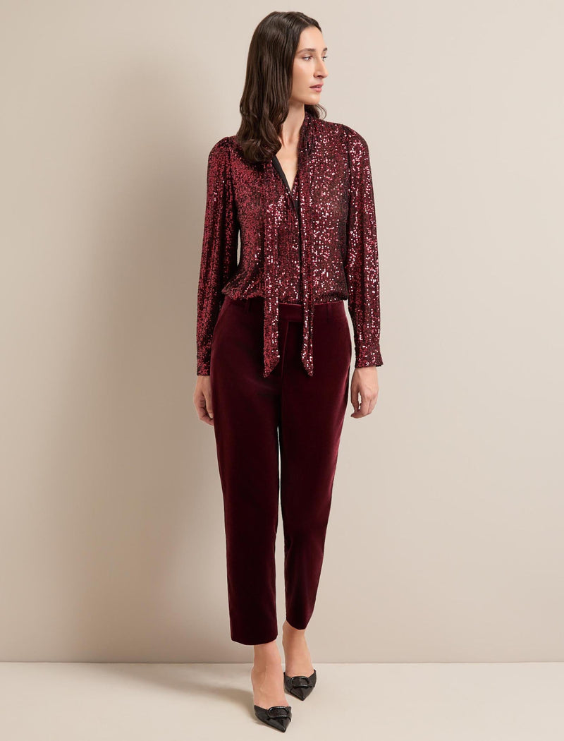 Tatum Velvet Tapered Trouser - Burgundy