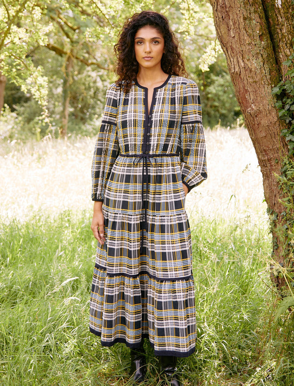 Katie Organic Cotton Seersucker Maxi Dress - Navy Yellow