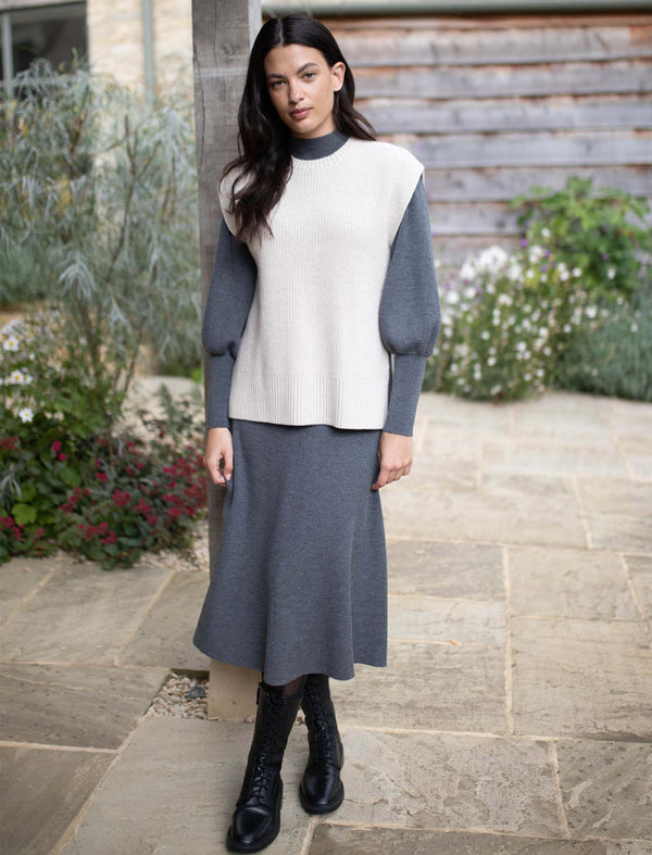 Eva Wool Blouson Sleeve Fit And Flare Merino Knit Dress In Dark Grey