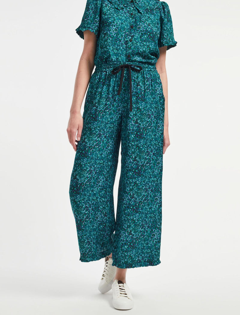 Rosa Silk Blend Trouser - Turquoise Blue Leopard Pansy Print