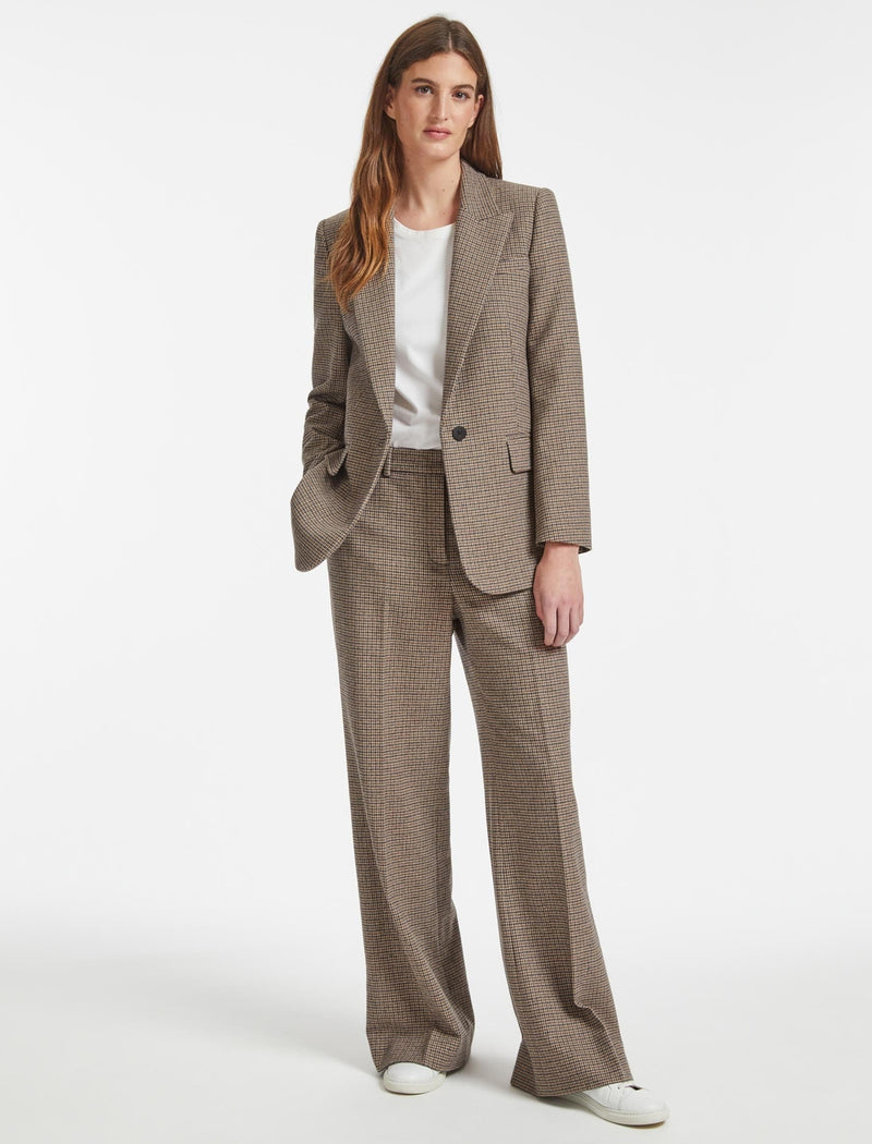 Terence Wool Wide Leg Trouser - Brown Navy Cream Check