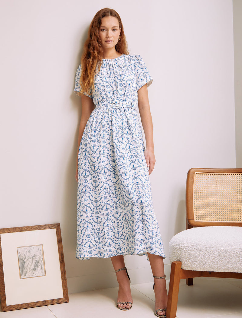 Nina Silk Blend Maxi Dress - White Blue Broderie Anglaise Print