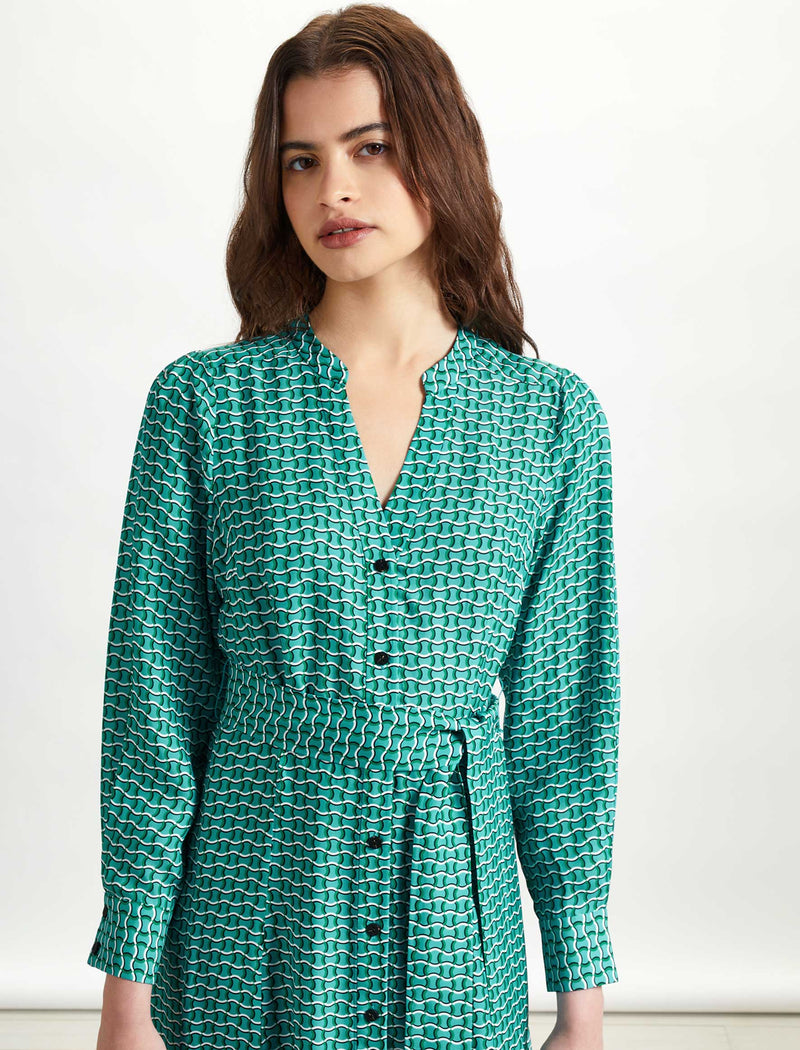 Davika V-Neck Maxi Shirt Dress - Mint Green Circle Geo Print