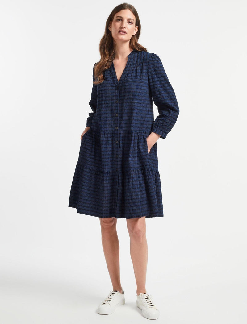 Delaney Cotton Seersucker Shirt Dress - Navy Black