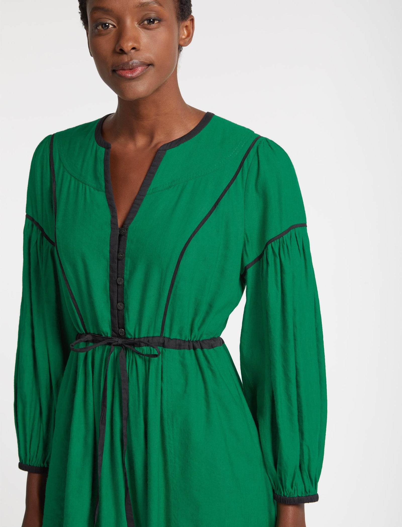 Salone Linen Blend Contrast Detail Drawstring Maxi Dress Emerald Green Black