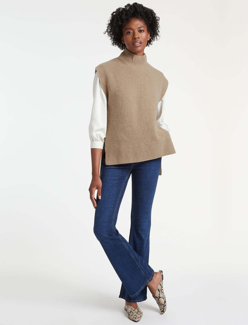 Janice Wool Funnel Neck Sleeveless Jumper - Biscuit