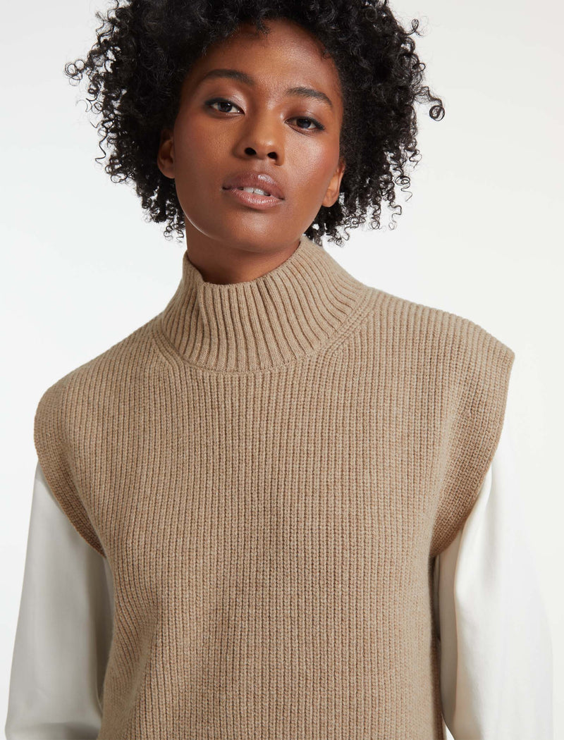 Janice Wool Funnel Neck Sleeveless Jumper - Biscuit