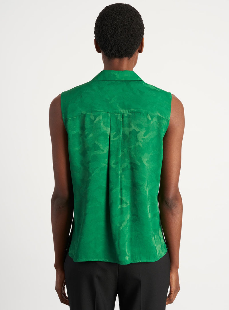 Spencer Sleeveless V-Neck Collared Shirt - Emerald Green Camo Jacquard