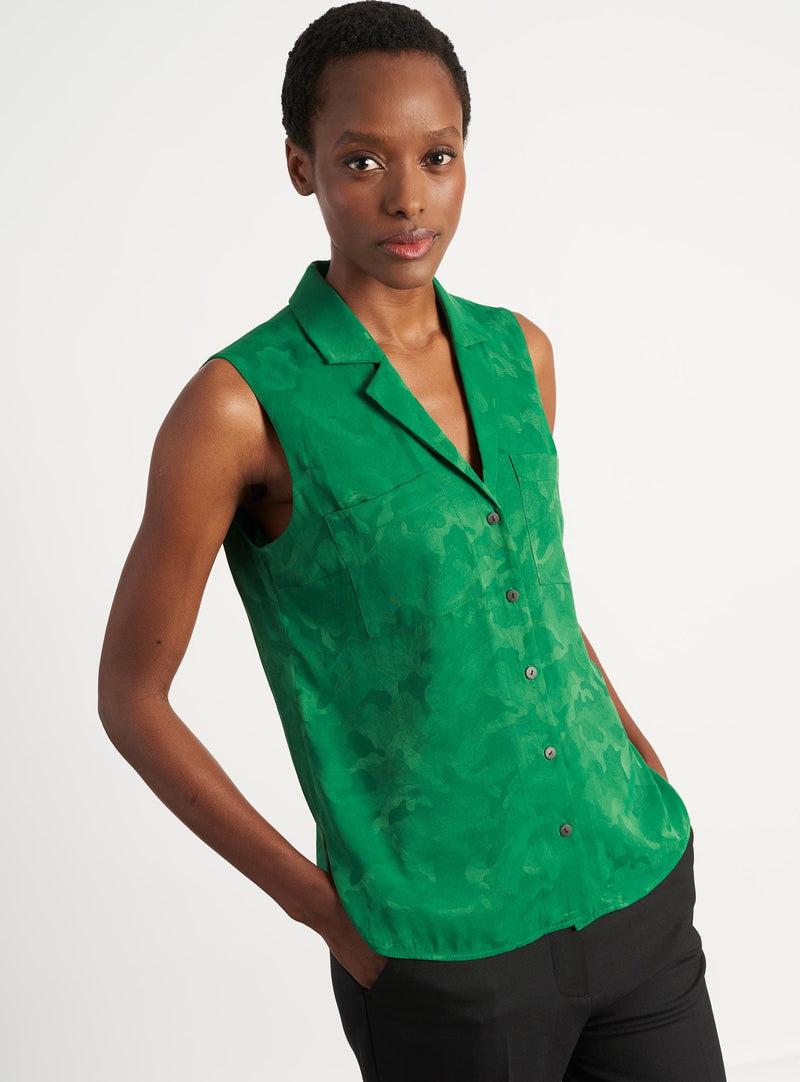 Spencer Sleeveless V-Neck Collared Shirt - Emerald Green Camo Jacquard