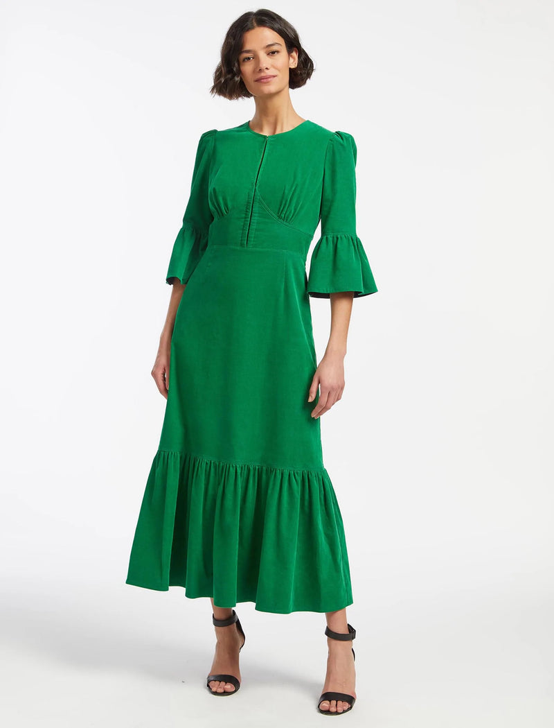 Daphne Pin Corduroy Round Neck Maxi Dress - Emerald Green