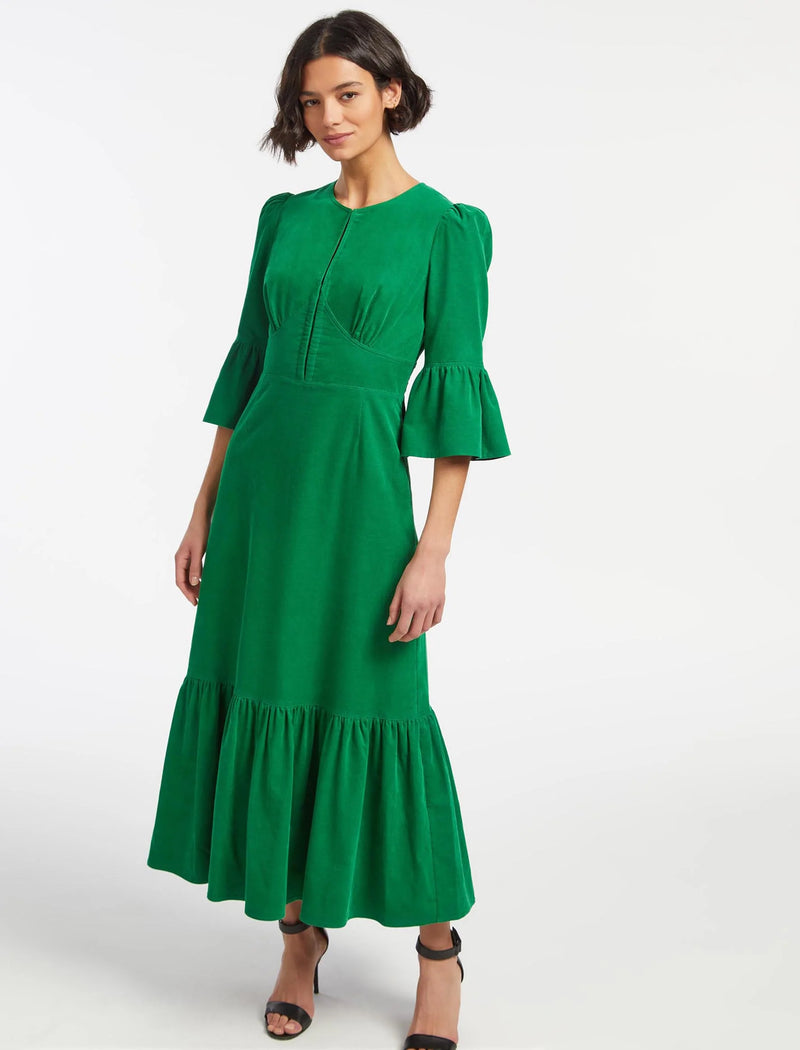 Daphne Pin Corduroy Round Neck Maxi Dress - Emerald Green
