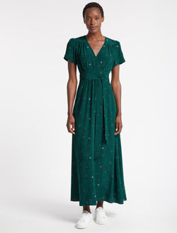 Gina Silk Maxi Dress - Dark Green Lips Eyes Print