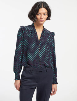 Stella Silk Shirt - Navy Turquoise Polka Dot