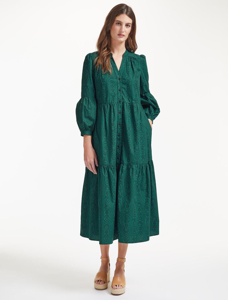 Alice Organic Cotton Maxi Shirt Dress - Green Moire Print