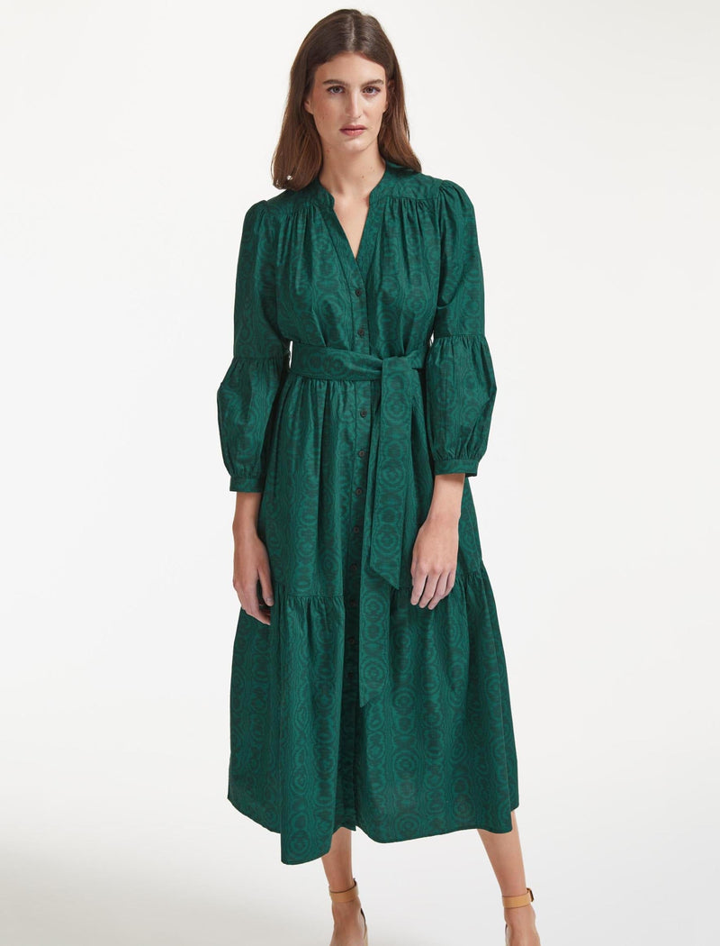 Alice Organic Cotton Maxi Shirt Dress - Green Moire Print