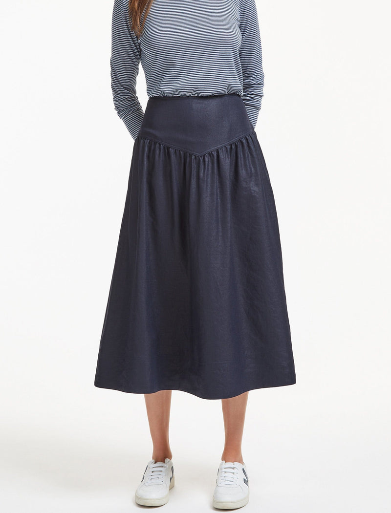 Lyla Techni Linen Midi Skirt - Navy