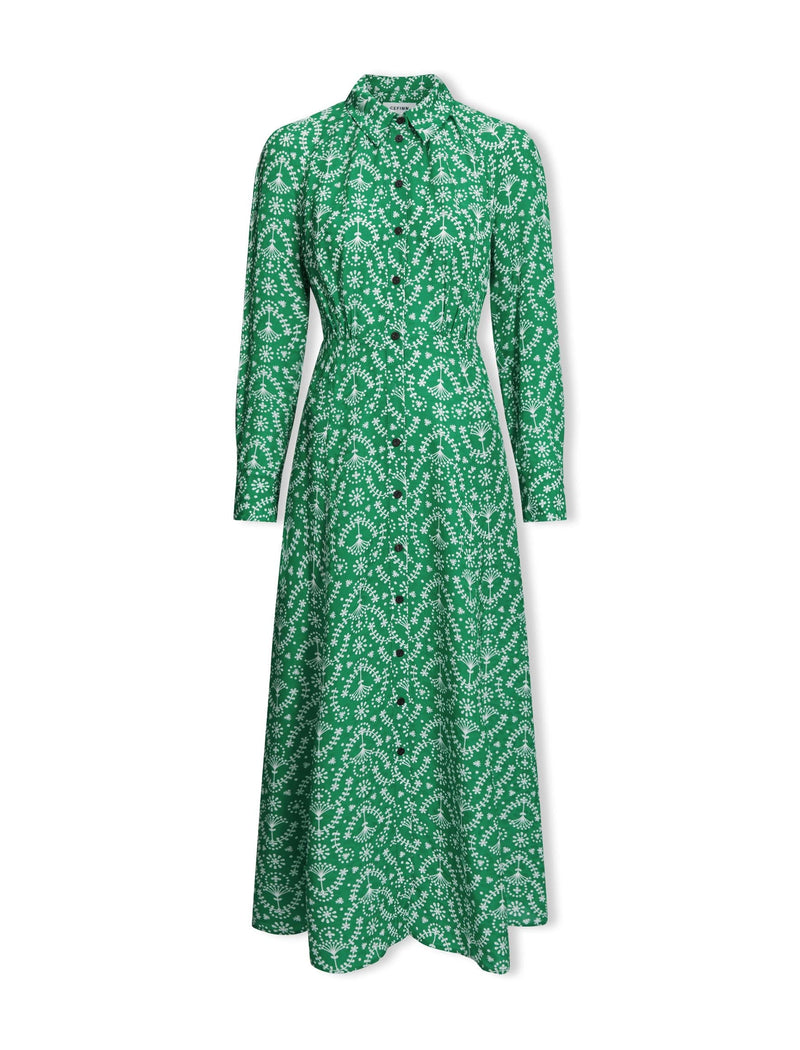 Astrid Silk Blend Maxi Dress - Green Broderie Anglaise Print