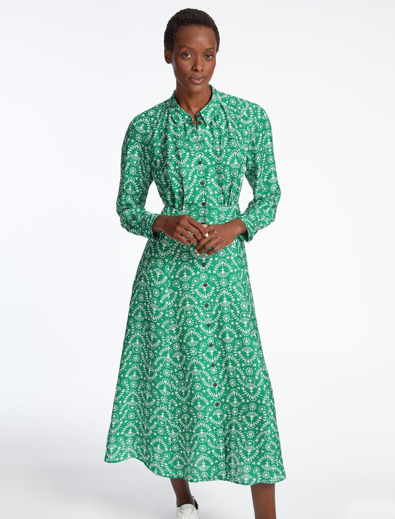 Astrid Silk Blend Maxi Dress - Green Broderie Anglaise Print